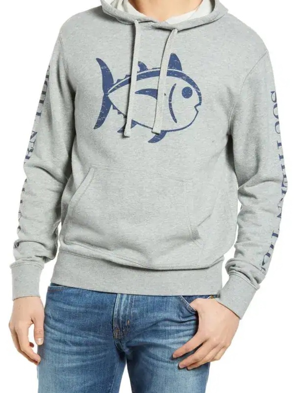 Southern Tide Skipjack Gray Pullover Hoodie with Navy Fish Graphic size L